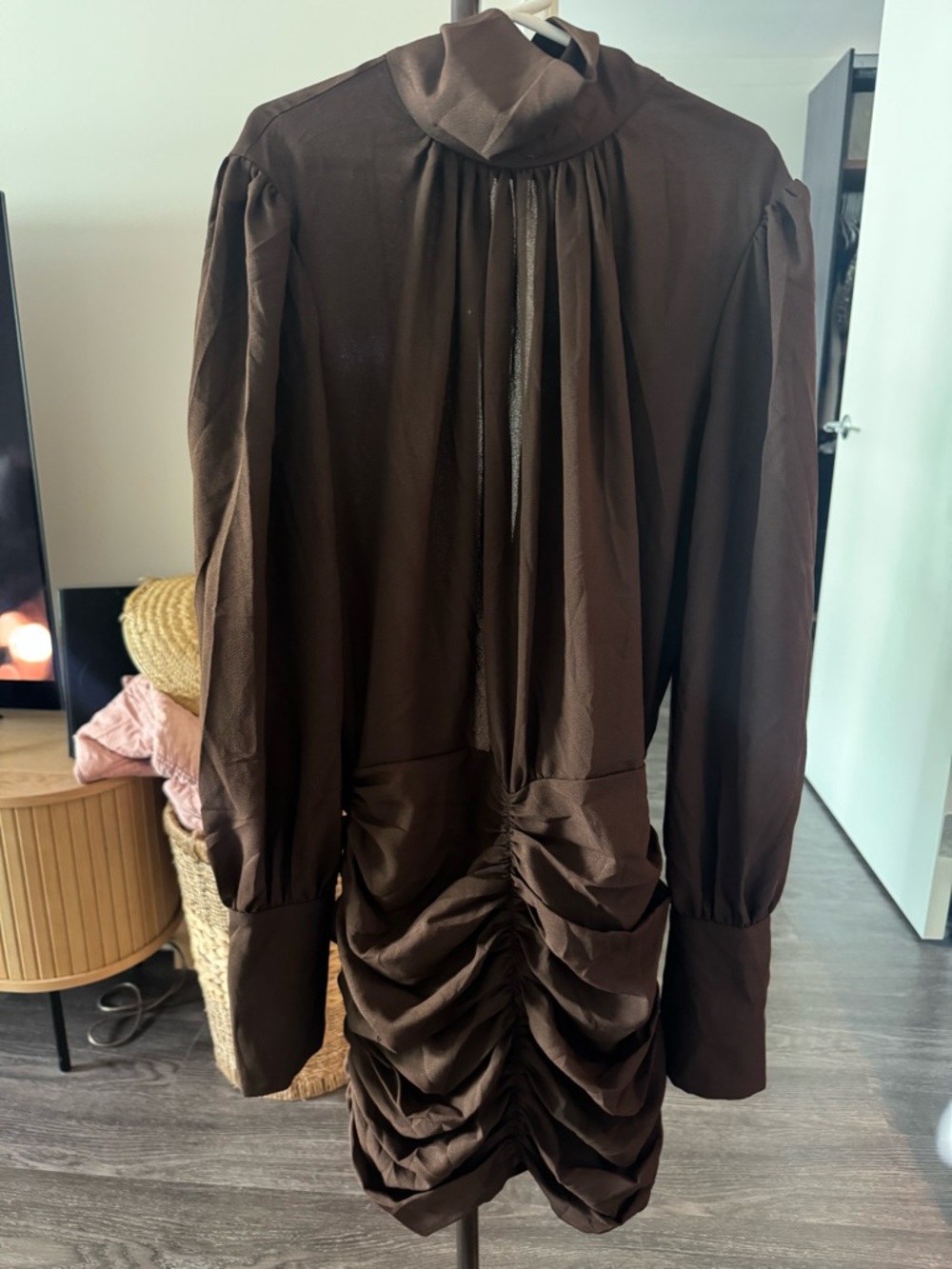 Ronny Kobo Collection Long Sleeve Brown Ruched Back Dress